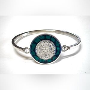 Vintage Taxco Sterling Silver Malachite Inlay Aztec Mayan Calendar Bracelet